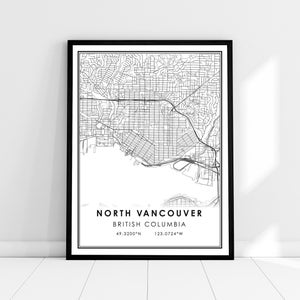 Carte de North Vancouver imprimer poster canvas | Carte de la Colombie-Britannique imprimer la toile d’affiche | Carte de la ville de North Vancouver imprimer poster canvas