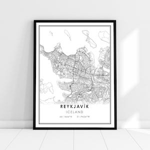 Carte de Reykjavik imprimer l’affiche toile | Carte de l’Islande imprimer poster canvas | Carte de la ville de Reykjavik imprimer poster canvas
