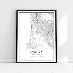 May include: Black and white line art map print of Pacifica, California. The map shows the city streets and coastline. The text "Pacifica, California" and the coordinates "37.6138°N 122.4869°W" are printed below the map.