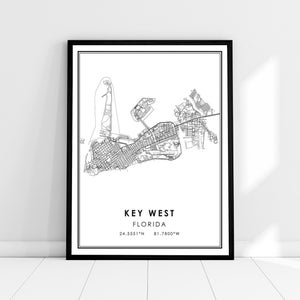 Key West carte imprimer poster canvas | Carte de Floride imprimer poster canvas | Carte de la ville de Key West imprimer la toile de l’affiche