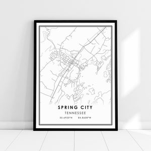 Toile d'affiche d'impression de carte de Spring City Tennessee | Toile d'affiche d'impression de carte de la ville de Spring City