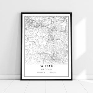 | d’affiche d’impression de carte Fairfax Carte de Virginie imprimer affiche toile | Toile d’affiche imprimée de la carte de la ville de Fairfax