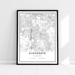Carte algonquine imprimer affiche toile | Carte de l’Illinois imprimer une toile d’affiche | Carte de la ville algonquine imprimer poster canvas
