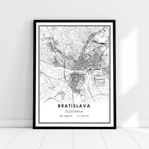 May include: Black and white map print of Bratislava, Slovakia with the city name and coordinates 48.1486°N 17.1077°E.