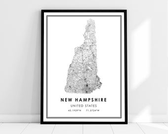 New Hampshire United States map print poster canvas | New Hampshire United States road map print poster canvas