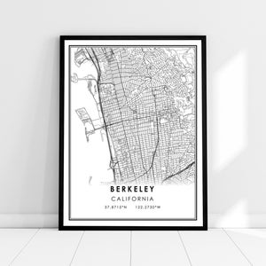May include: Black and white map print of Berkeley, California. The map shows the city streets and landmarks. The text "Berkeley, California 37.8715°N 122.2730°W" is printed at the bottom of the map.