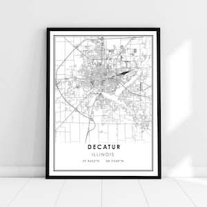 Decatur carte imprimer poster toile | Carte de l’Illinois imprimer une toile d’affiche | Decatur carte de la ville imprimer poster canvas