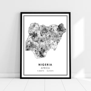 Carte du Nigeria imprimer l’affiche | Carte de l’Afrique imprimer poster canvas | Carte de la ville du Nigeria imprimer poster canvas