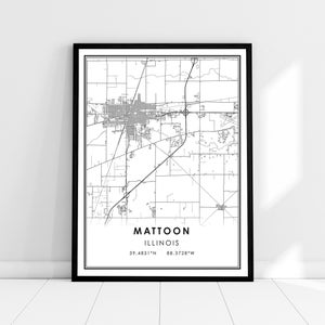 Mattoon carte imprimer poster canvas | Carte de l’Illinois imprimer une toile d’affiche | Mattoon carte de la ville imprimer poster canvas