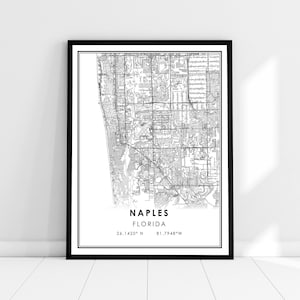 May include: Black and white line art map print of Naples, Florida. The map shows the city streets and includes the coordinates 26.1420° N 81.7948° W.