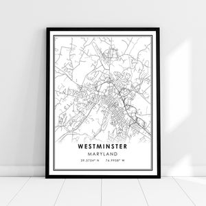 Westminster map print poster canvas | Maryland map print poster canvas | Westminster city map print poster canvas