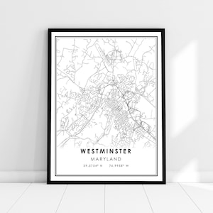 Westminster map print poster canvas | Maryland map print poster canvas | Westminster city map print poster canvas