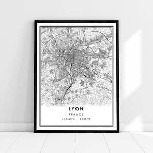 Carte de Lyon imprimer poster canvas | Carte de France imprimer poster toile | Plan de la ville de Lyon imprimer poster canvas