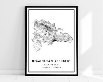 May include: A black and white line art map of the Dominican Republic, with the text "DOMINICAN REPUBLIC" and "CARIBBEAN" below the map. The coordinates "18.7357°N 70.1627°W" are also included.