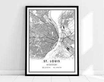 May include: Black and white map print of St. Louis, Missouri with the city's name and coordinates printed at the bottom.