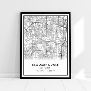 Toile d'affiche d'impression de carte de Bloomingdale Illinois | Toile d'affiche d'impression de carte de ville de Bloomingdale