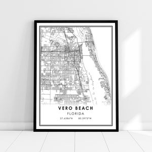 Vero Beach carte imprimer poster toile | Carte de Floride imprimer poster canvas | Plan de la ville de Vero Beach imprimer poster canvas