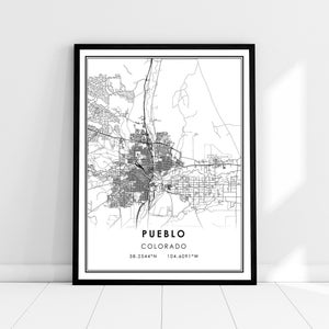 Pueblo carte imprimer poster canvas | Carte du Colorado imprimer poster canvas | Pueblo carte de la ville imprimer poster canvas