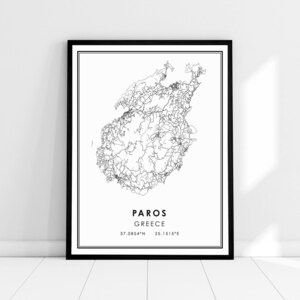 Paros Grèce carte imprimer poster toile | Grèce Paros carte imprimer poster toile | Paros Grèce plan de la ville imprimer poster canvas