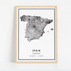 May include: A black and white map of Spain with the text "SPAIN EUROPE 40.4637&deg;N 3.7492&deg;W" printed below the map.