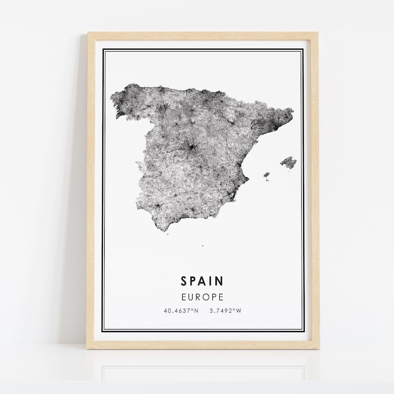 May include: A black and white map of Spain with the text "SPAIN EUROPE 40.4637&deg;N 3.7492&deg;W" printed below the map.