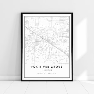 Carte de Fox River Grove imprimer poster toile | Carte de Fox River Grove imprimer poster toile | Carte de l’Illinois imprimer poster canvas | Carte moderne de Fox River