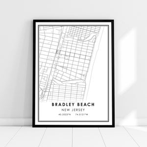Bradley Beach carte imprimer poster canvas | Carte du New Jersey imprimer poster canvas | Bradley Beach carte de la ville imprimer poster canvas