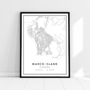 Carte de l’île Marco imprimer poster canvas | Carte de Floride imprimer poster canvas | Carte de la ville de Marco Island imprimer poster canvas