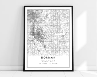 May include: Black and white map print of Norman, Oklahoma. The map shows the city streets and features the text "NORMAN OKLAHOMA 35.2226°N 97.4395°W".