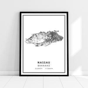 Carte de Nassau imprimer poster canvas | Carte des Bahamas imprimer poster canvas | Carte de la ville de Nassau imprimer poster canvas