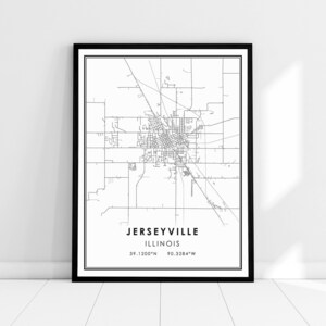 Toile d'affiche d'impression de carte de l'Illinois de Jerseyville | Toile d'affiche d'impression de carte de la ville de Jerseyville