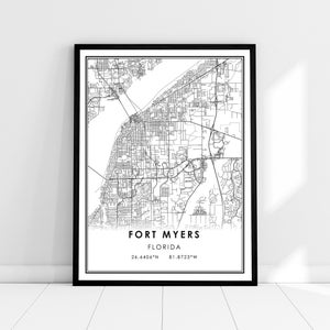 Carte de Fort Myers imprimer poster canvas | Carte de Floride imprimer poster canvas | Carte de la ville de Fort Myers imprimer poster canvas
