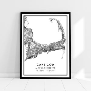 Cape Cod carte imprimer poster canvas | Carte du Massachusetts imprimer des affiches sur toile | Carte de la ville de Cape Cod imprimer poster canvas
