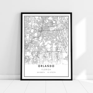 May include: Black and white map print of Orlando, Florida with the city name and coordinates printed at the bottom.