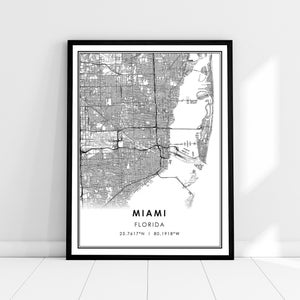 Miami carte imprimer poster canvas | Carte de Floride imprimer poster canvas | Carte de la ville de Miami imprimer poster canvas