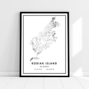Carte de l’île de Kodiak imprimer l’affiche toile | Carte de l’Alaska imprimer une toile d’affiche | Carte de la ville de l’île de Kodiak imprimer poster canvas