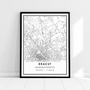 Dracut carte imprimer poster canvas | Dracut carte imprimer poster canvas | Plan de la ville du Massachusetts imprimer poster toile | Carte moderne de Dracut