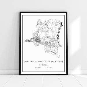 Carte de la République du Congo imprimer poster canvas | Carte du Congo imprimer l’affiche toile | Carte de la ville de la République démocratique du Congo imprimer l’affiche canvas