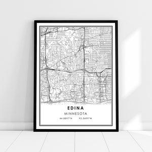 May include: Black and white map print of Edina, Minnesota with the city name and coordinates, "44.8897°N 93.3499°W", printed at the bottom.