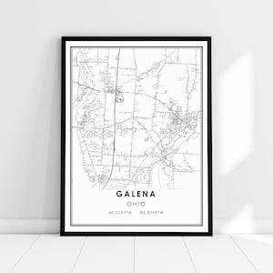 May include: Black and white map print of Galena, Ohio with the city name and coordinates 40.2151°N 82.8799°W.