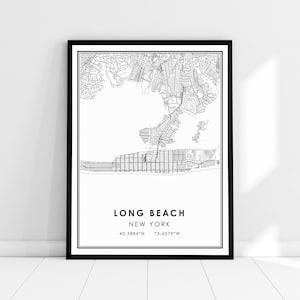Toile d'affiche d'impression de carte de Long Beach New York | Long Beach New York ville carte impression affiche toile