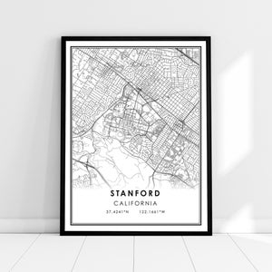 May include: Black and white map print of Stanford, California with the city name and coordinates 37.4241°N 122.1661°W.