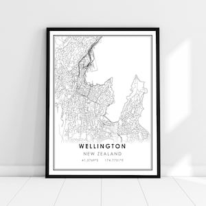 May include: Black and white line art map print of Wellington, New Zealand. The map shows the city streets and coastline. The text "WELLINGTON, NEW ZEALAND, 41.2769°S 174.7731°E" is printed below the map.