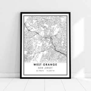 May include: Black and white line art map print of West Orange, New Jersey. The map shows the city streets and includes the coordinates 40.7986°N 74.2391°W.