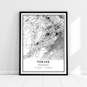 May include: Black and white map of Punjab, Pakistan, showing roads and cities. The map is framed in a black frame and has the text "PUNJAB PAKISTAN 31.1704&deg;N 72.7097&deg;E" at the bottom.