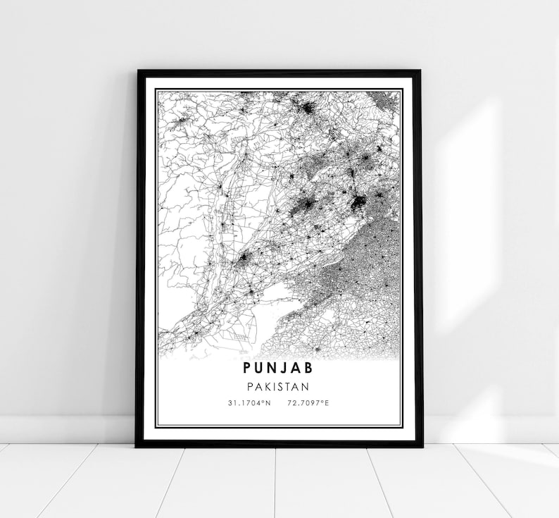 May include: Black and white map of Punjab, Pakistan, showing roads and cities. The map is framed in a black frame and has the text "PUNJAB PAKISTAN 31.1704&deg;N 72.7097&deg;E" at the bottom.