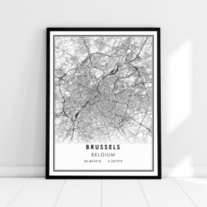 Bruxelles carte imprimer poster toile | Belgique carte imprimer poster toile | Plan de la ville de Bruxelles imprimer poster canvas