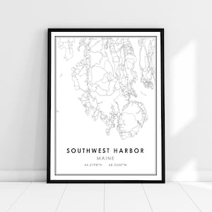 Carte de Southwest Harbor imprimer poster canvas | Carte du Maine imprimer la toile d’affiche | Carte de la ville de Southwest Harbor imprimer poster canvas