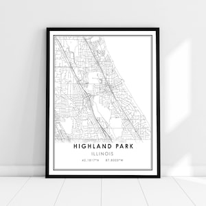 Highland Park map print poster canvas | Illinois map print poster canvas | Highland city map print poster canvas