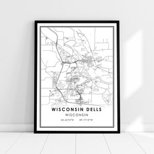 Wisconsin Dells carte imprimer poster toile | Carte du Wisconsin imprimer l’affiche | Toile d’affiche imprimée de la carte de la ville de Wisconsin Dells
